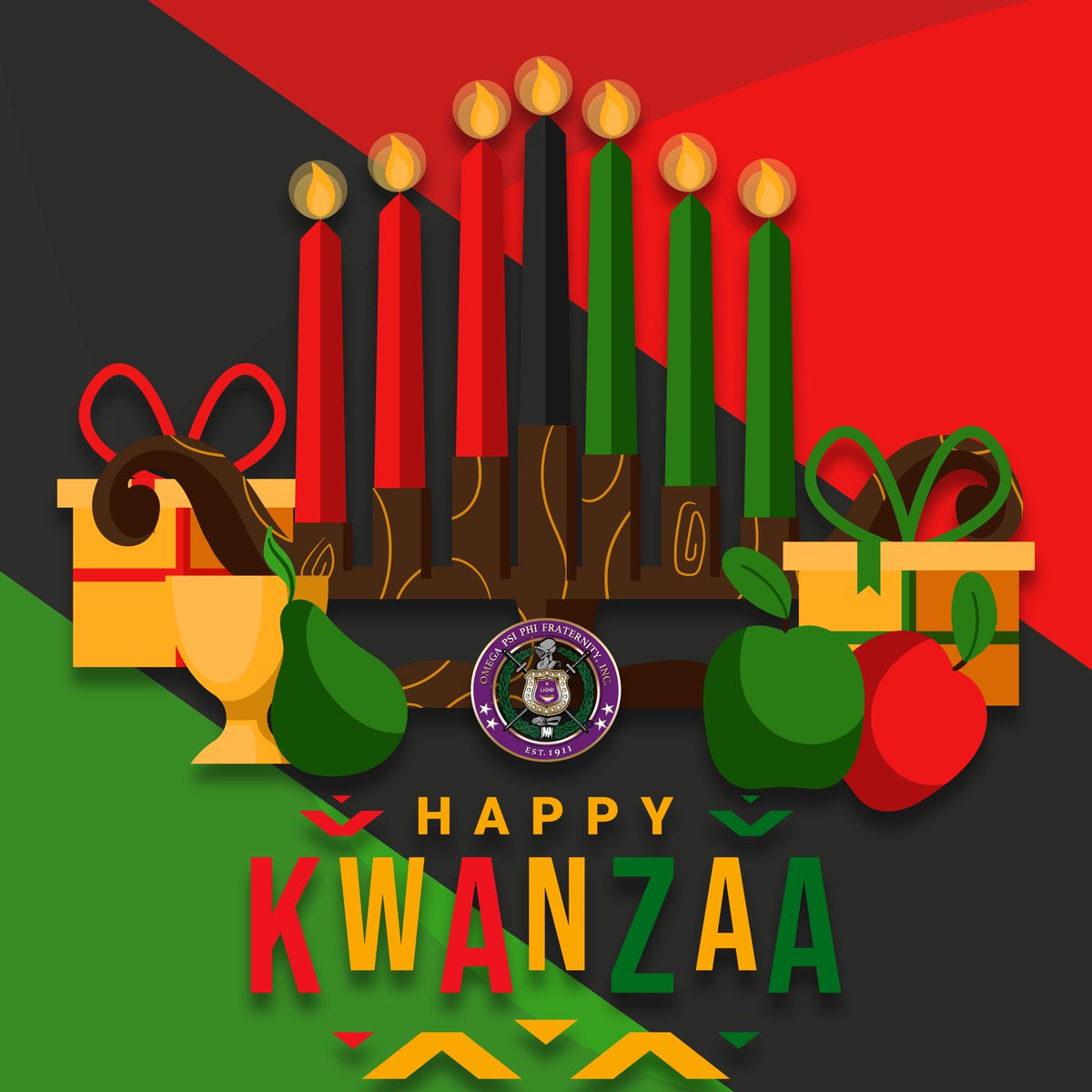 Happy Kwanzaa, from the Men of Omega Psi Phi, Fraternity, Inc. During this time of celebration; Let us reflect upon and celebrate the principles of: Umoja, Kujichagulia, Ujima, Ujamaa, Nia, Kuumba, Imani