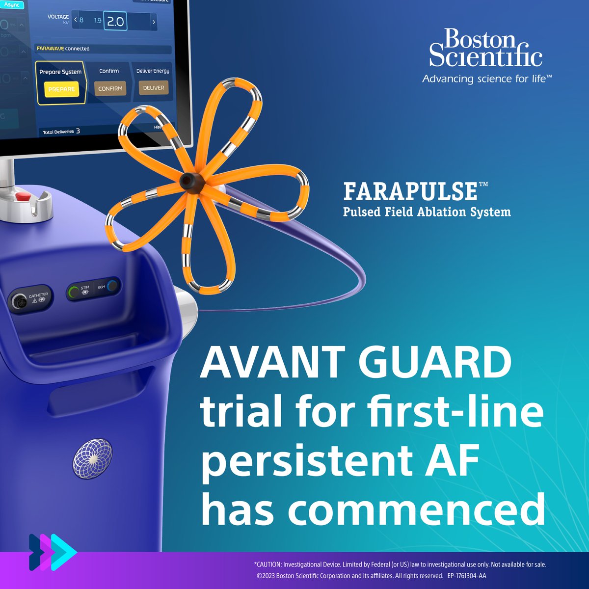 bostonsci's tweet photo. The AVANT GUARD clinical trial has commenced and will evaluate the safety and effectiveness of the FARAPULSE™ Pulsed Field Ablation (PFA) System as a first-line treatment for persistent atrial fibrillation (AF). Learn more: https://t.co/Uz9AK9cym3 https://t.co/96et24vXL3