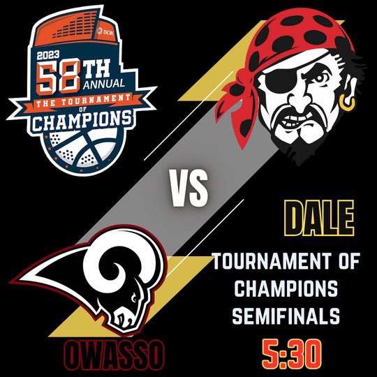 DaleBBallOK's tweet photo. LET’S ROK THE BOK! Big match up today against the Owasso Rams! Tip-off is set for 5:30 and we can’t wait to see all of Pirate Nation in T-Town tonight! Go Dale! #GoDale #GoldBlooded #DaleDNA #TOC2023
🆚 Owasso
⏰ 5:30 p.m.
🏟️ @BOKCenter
📺https://t.co/DKKspXkqcu https://t.co/rZwR2pl5Bk