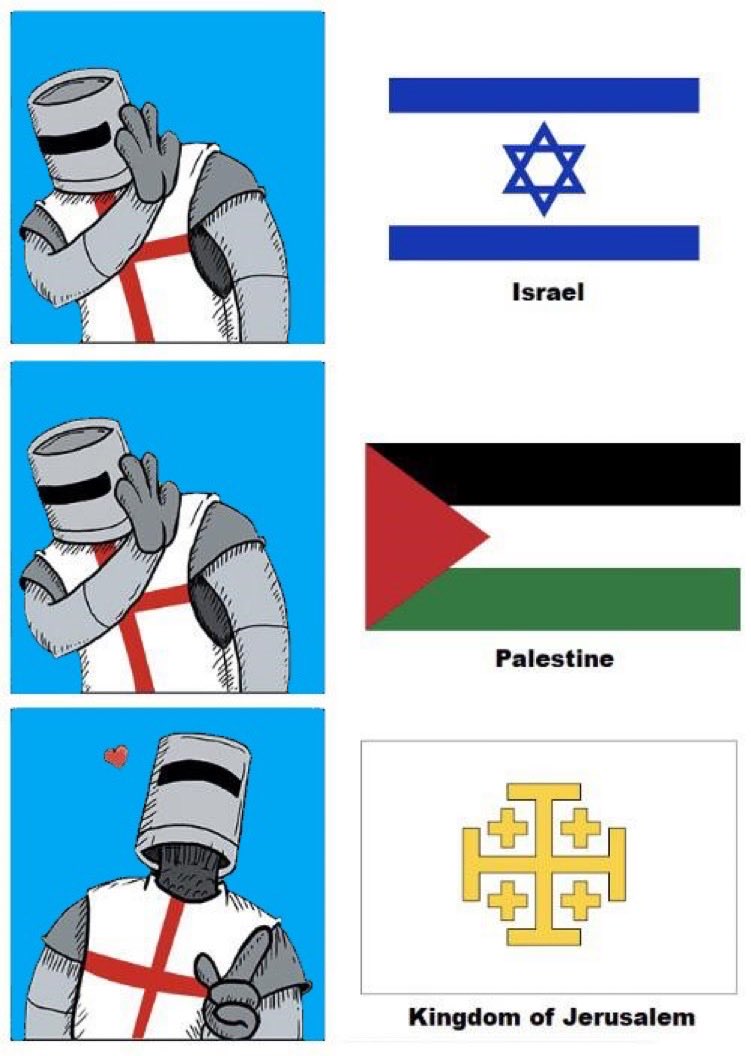 Israel a pelestina: Terroristas 😡 Palestina a Israel: Masones nazis 🤬  España a ambos: Reino cristiano 🗿, image size:751x1056