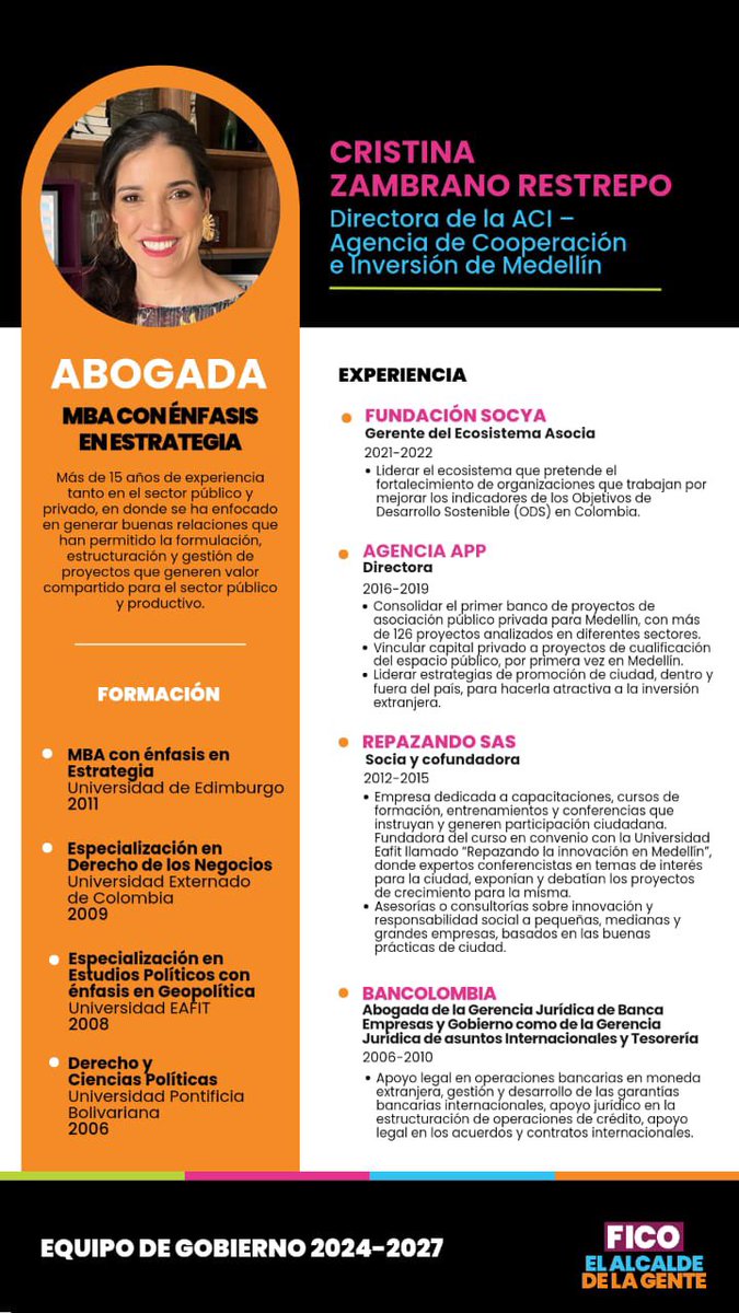 FicoGutierrez's tweet photo. Conectar a Medellín con oportunidades de cooperación e inversión es uno los retos que tenemos en su proceso de internacionalización. Vamos a fortalecer de nuevo las alianzas con organismos multilaterales, empresas privadas, embajadas y gobiernos internacionales para trabajar sobre ese propósito. 

En Medellín tenemos a la ACI (Agencia de Cooperación e Inversión), que es nuestra institución líder en el tema. Es fundamental cuidar esta entidad para devolver su rigor, transparencia y misionalidad. 

Propondré al Consejo Directivo de la ACI a Cristina Zambrano Restrepo para asumir la dirección ejecutiva de la entidad. Una mujer con amplia experiencia en el sector público y privado. Con gran capacidad de relacionamiento, disciplina y conocimiento de ciudad. Esto será garantía del trabajo juicioso que desempeñará para consolidar a Medellín como un destino atractivo de inversión y negocios.
Qué alegría contar con ella.