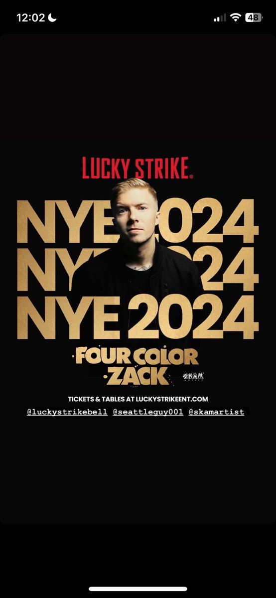 New Year’s Eve at Lucky Strike Bellevue with the one and only <a href="/FOURCOLORZACK/">fcz</a> !!! Tickets &amp; Tables on sale now: luckystrikeent.uvtix.com