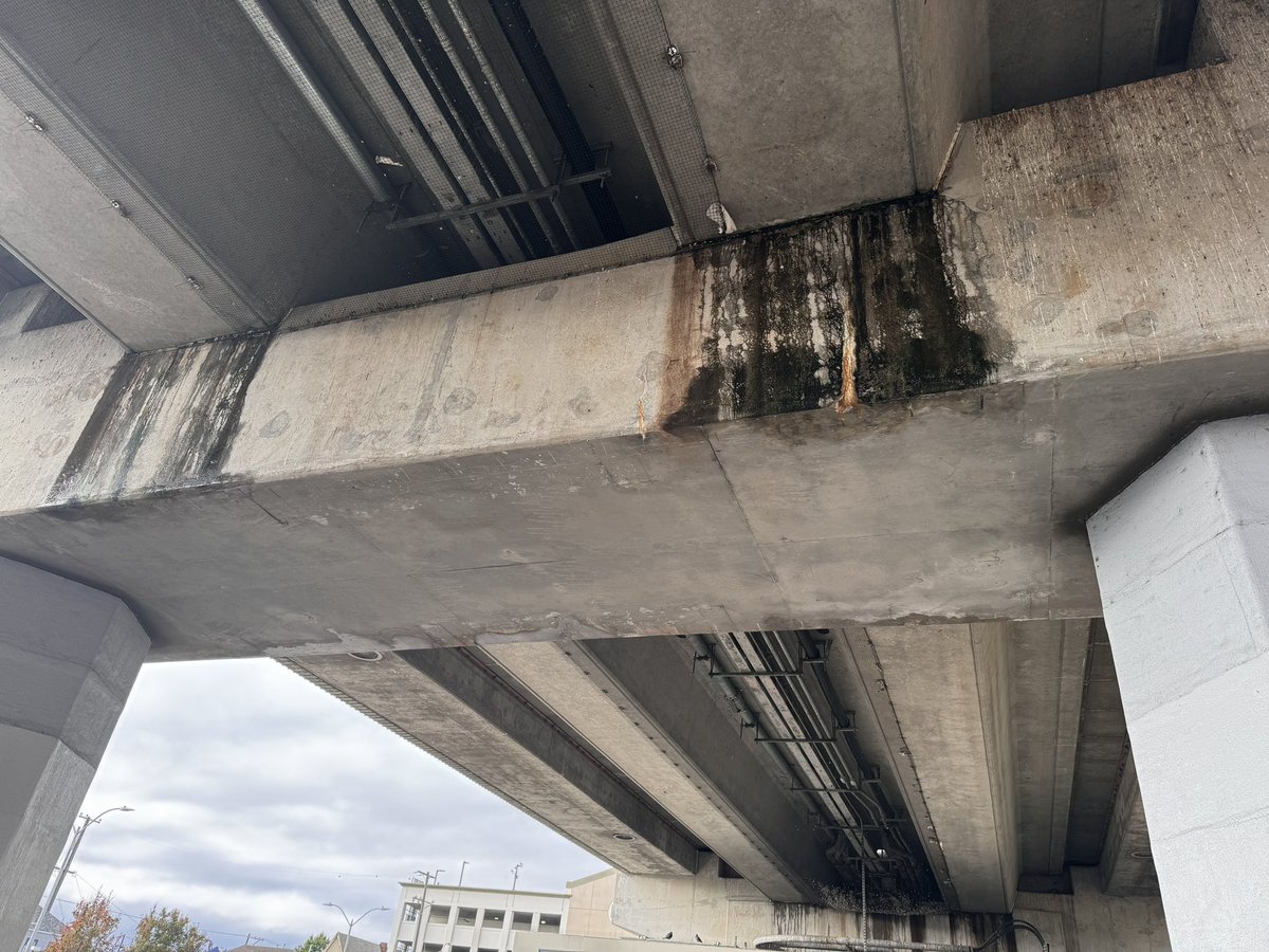 Hey <a href="/SFBART/">BART</a> what’s the deal with the water damage on the pylons at the Fruitvale station? As I walked underneath water dripped on me (gross!) and then I look up and see this. 

This can’t be good for the concrete structure? What are you doing to fix this?