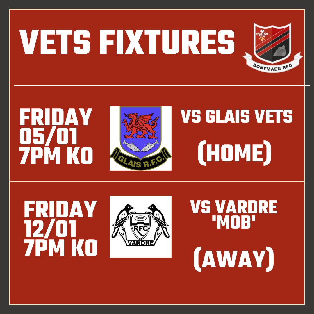 🚨 VETS RUGBY 🚨 January Friday rugby against @Glais_RFC and @vardrerugby Interested in playing? Contact Richard Cunniffe or @ExBonyRFC! 🔴⚫️🏉