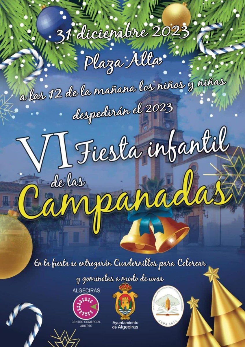 AEPA_2015's tweet photo. Como años anteriores, este próximo día 31 a las 12:00 h en AEPA2015 volvemos a celebrar junto a todos los niños de Algeciras, la despedida del año con las  campanadas del Reloj Monumental y los sones de la soleá “Plaza Alta” del genial Paco de Lucia.
¡Te esperamos…! https://t.co/pBCaiwhBda
