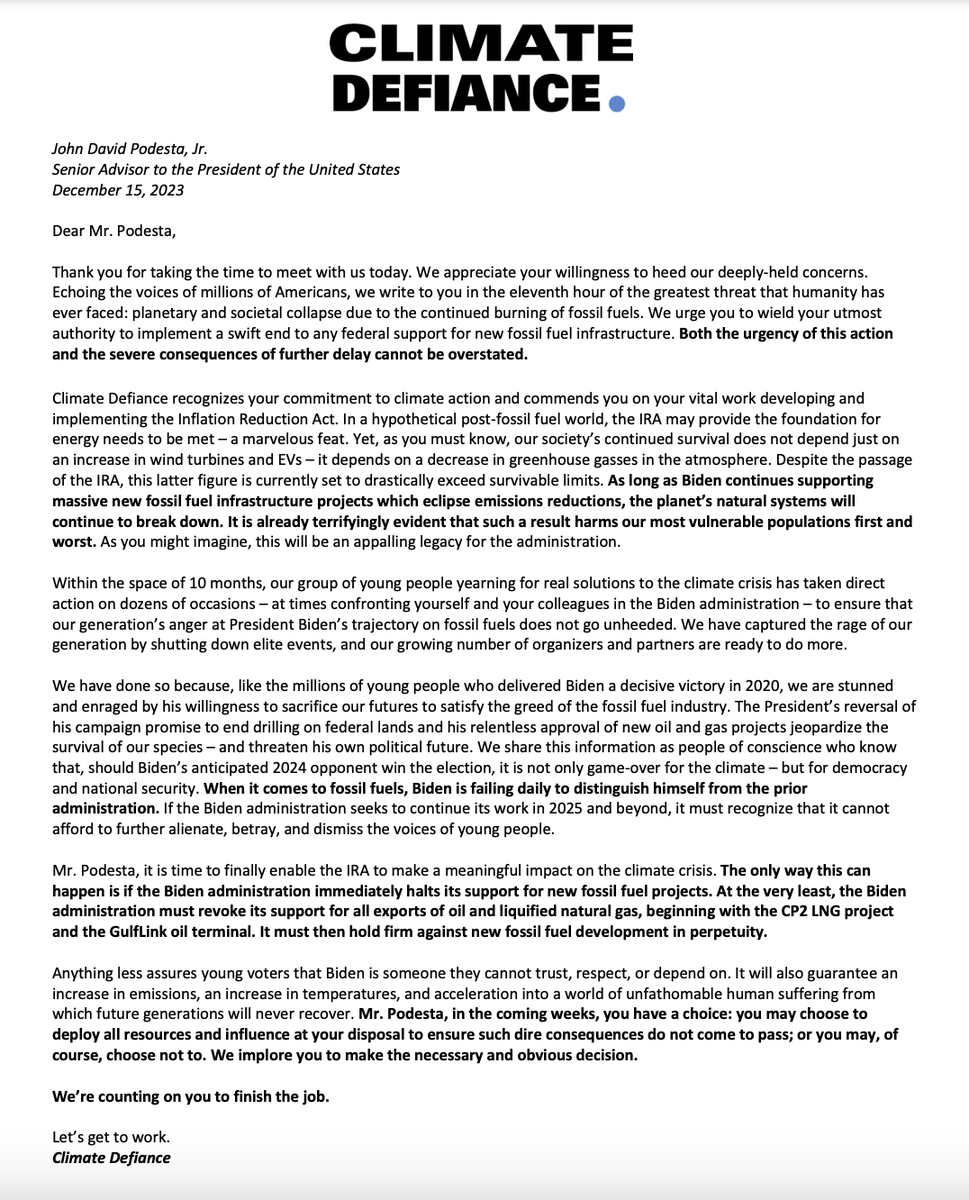 ClimateDefiance's tweet photo. Here we will share the letter we left John Podesta after the meeting. And yes, he has read it in full. (9/9) https://t.co/SMd3y96r3f