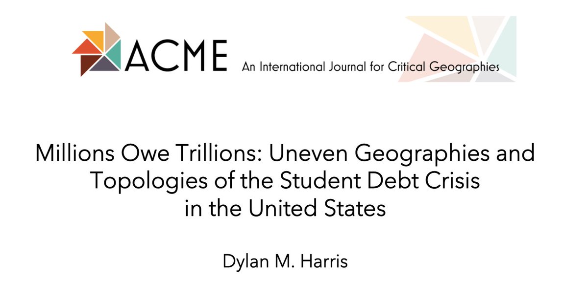student debt is criminal. it's harming us, our students, and their families, and none of it is our fault. 

this new (free) article aims to provide research pathways to complement ongoing activism, from folks like <a href="/StrikeDebt/">The Debt Collective 🟥</a>,  to abolish student debt. 👊

acme-journal.org/index.php/acme…