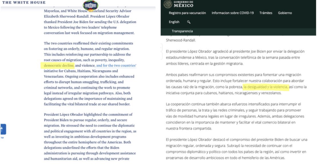 The government of #Mexico quietly &amp; conveniently shaves the word "democracy" from its Spanish version of joint communiqué negotiated &amp; released by 🇲🇽🇺🇸govs after their meeting in Mexico City yesterday. Diplomatic malpractice for starters; seeking to mask🇨🇺,🇻🇪,🇳🇮s authoritarianism