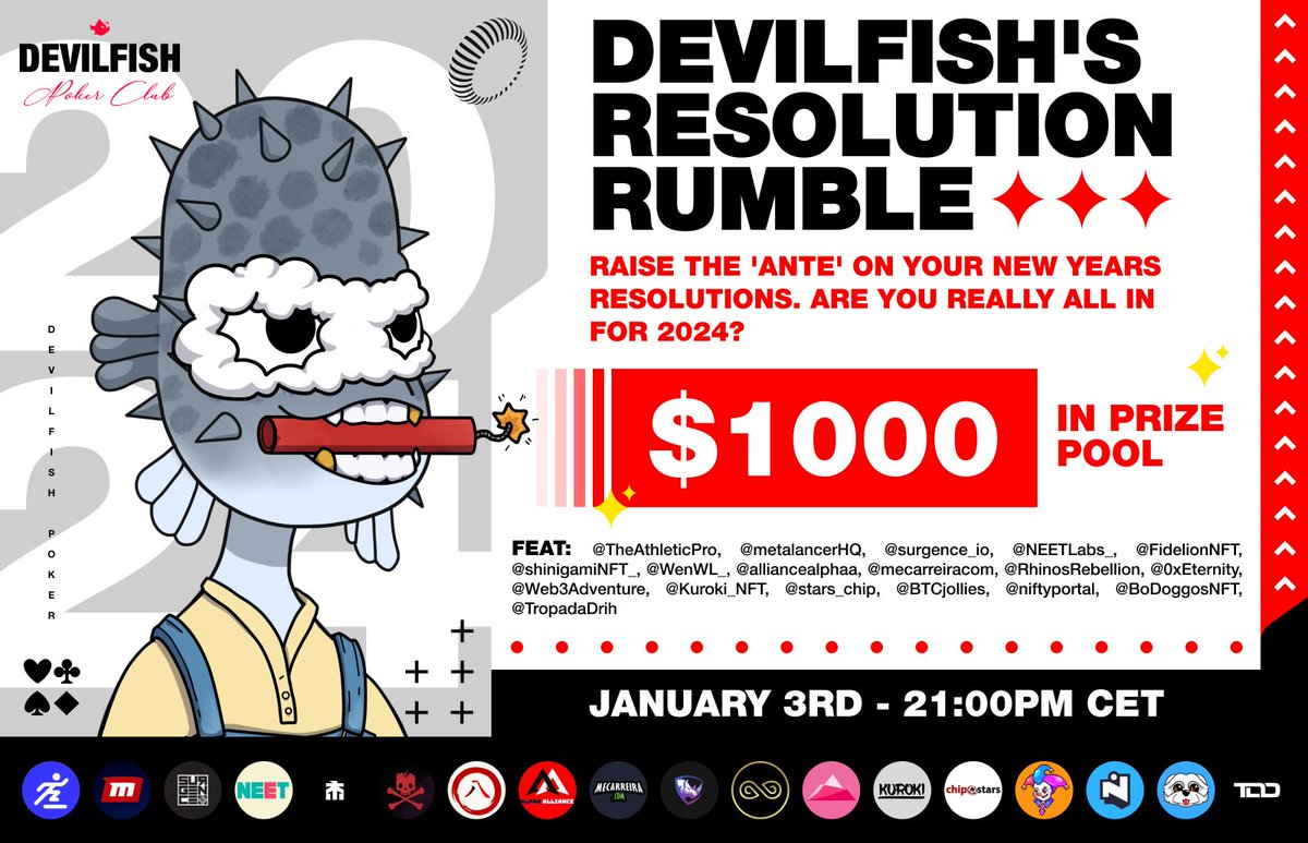 DevilFish - Resolution Rumble🎇

Raise the 'ante' on your new years resolutions. Are you really all in for 2024?

Get ready to unleash your poker skills in the EPIC NEW YEAR'S $1000+ TOURNAMENT at DevilFish Poker! 🃏🚀 

2023 was phenomenal, and 2024 is set to be legendary! Let