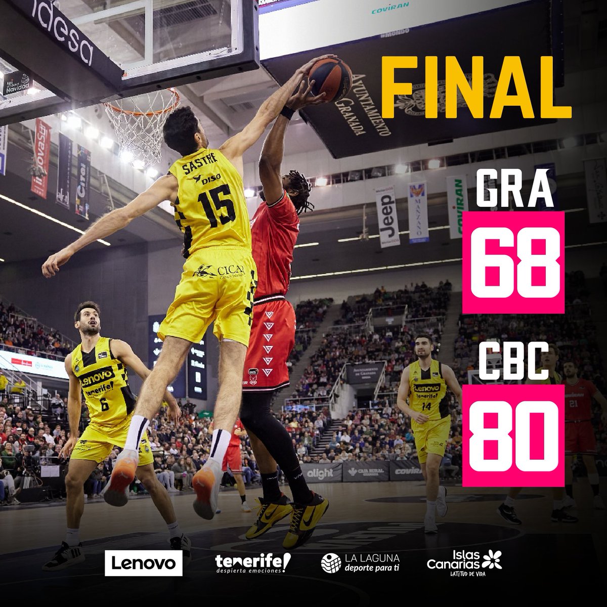 Final del partido 🏀 en #Granada: 📌 @FundacionCBG 68-80 @CB1939Canarias El #LenovoTenerife se lleva el triunfo a domicilio en su último partido del año 2023, en la jornada de la @ACBCOM.