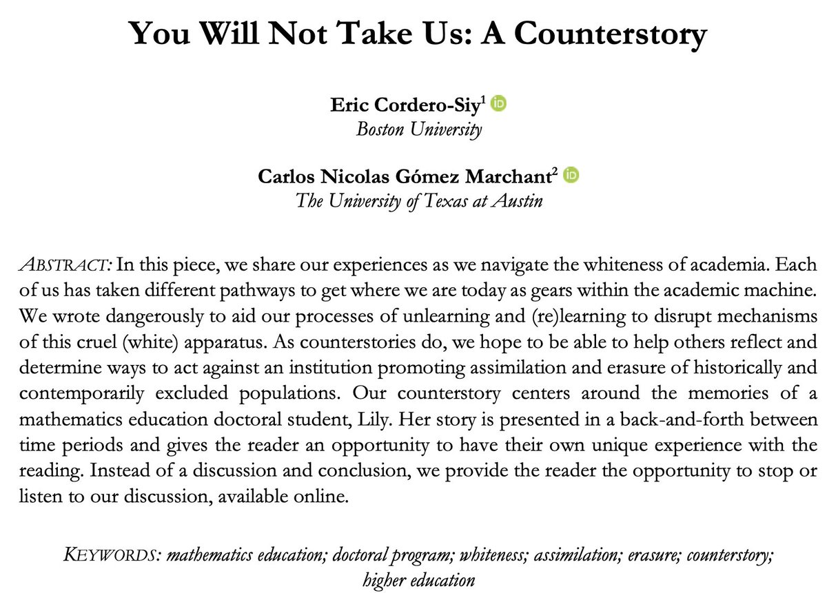 Happy to end the year with the publication of this piece: 'You will Not Take Us: A Counterstory.' It was wonderful to collaborate again with Eric Cordero-Siy. Thank you to @jtm_journal for working so closely with us. Link to article: zenodo.org/records/104399…