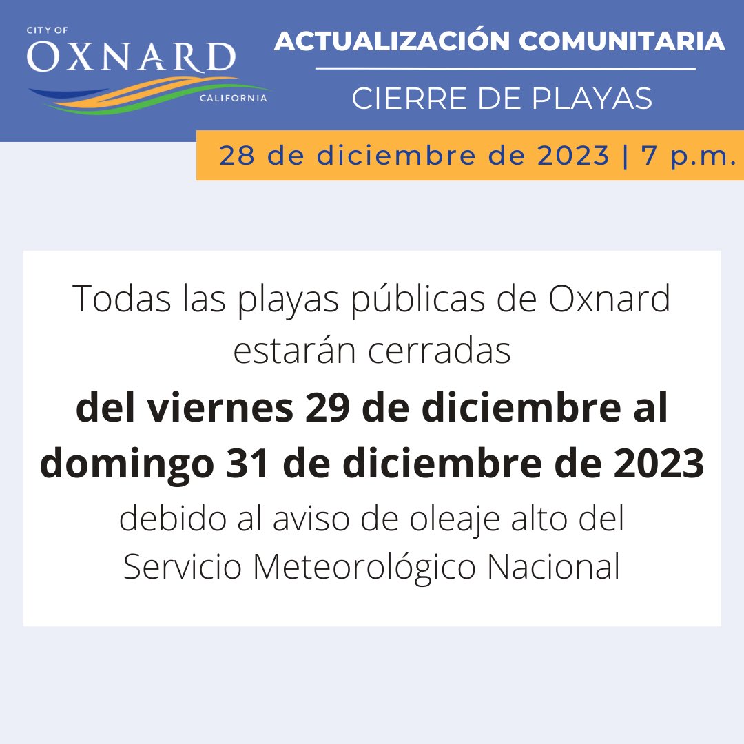 CityofOxnard's tweet photo. 𝗕𝗘𝗔𝗖𝗛 𝗖𝗟𝗢𝗦𝗨𝗥𝗘𝗦
All Oxnard public beaches are closed Friday, Dec. 29  through Sunday, Dec. 31, 2023 due to the National Weather Service’s High Surf Advisory https://t.co/iDA2KDOVuD