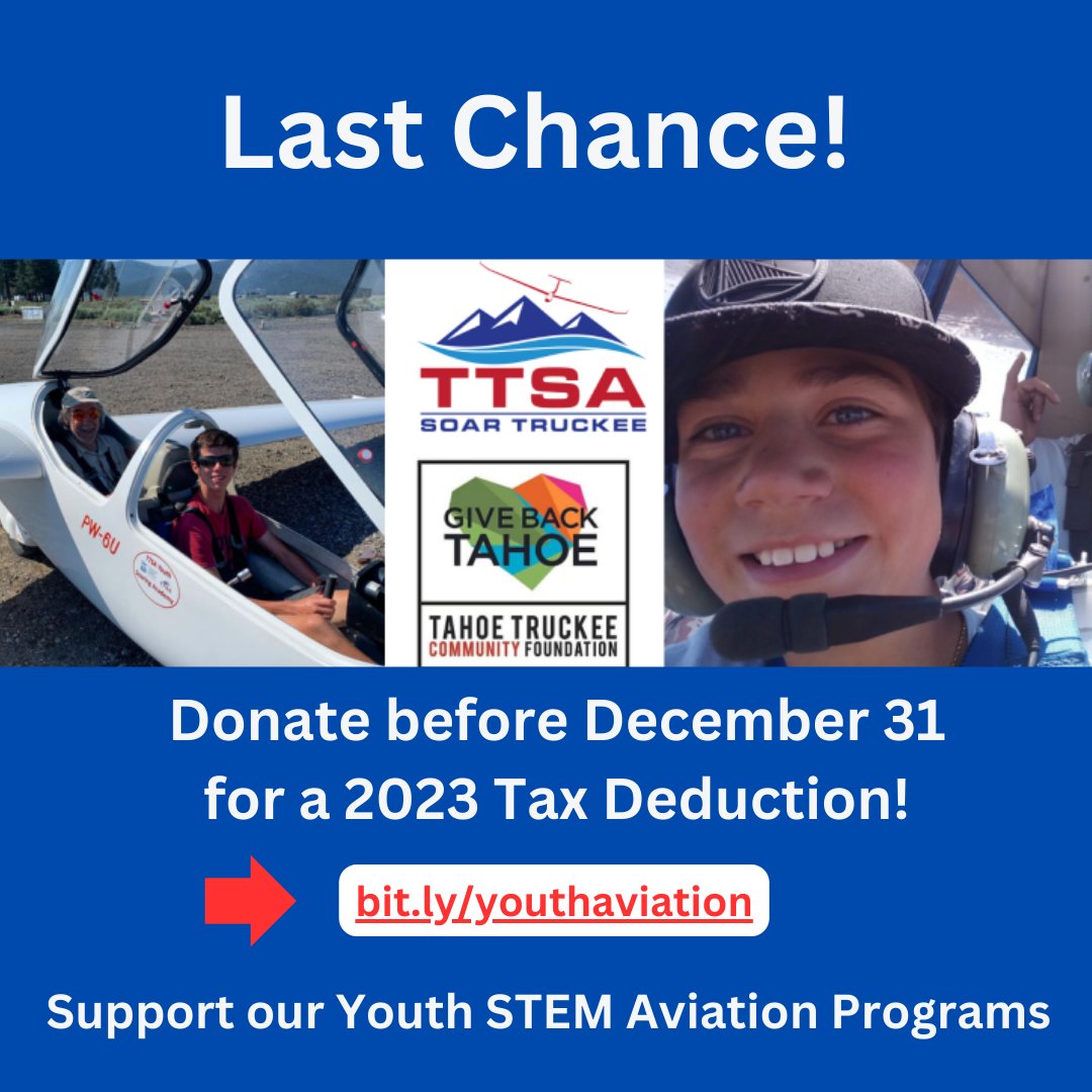 SoarTruckee's tweet photo. 2024 is just days away. That means that the clock is ticking for you to make your year-end gift to support our Youth STEM Soaring Academy programs for Truckee-Tahoe area youth and also qualify for a 2023 tax deduction. https://t.co/IoPdOkXp04