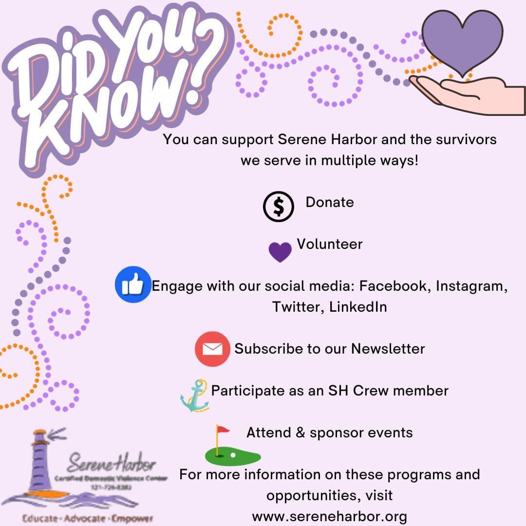 Hint: You can even support Serene Harbor in MORE than one way! For more information, visit sereneharbor.org  #communitysupport #domesticviolenceawareness #helpingothers 

If you or someone you know needs help, please call or text our 24/7 helpline at 321.726.8282.