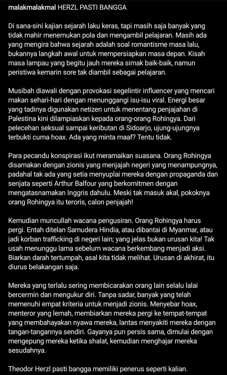 Postingan dengan caption ini langsung dihapus oleh IG dan FB, kemudian inbox saya langsung dikunjungi oleh akun-akun anonim yang mengintimidasi. Sudah paham belum bahwa memang ada yang 'bermain' di isu Rohingya?