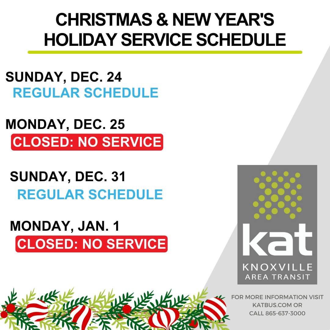kat_bus's tweet photo. As you finalize your plans this weekend, just a reminder that we're operating on a regular Sunday schedule on New Year's Eve, and we're closed on Monday for New Year's Day. We will return to regular service on Tuesday, January 2nd. #KATGoesThere #RideForChange #RideForCheer https://t.co/d7G3bDvlop