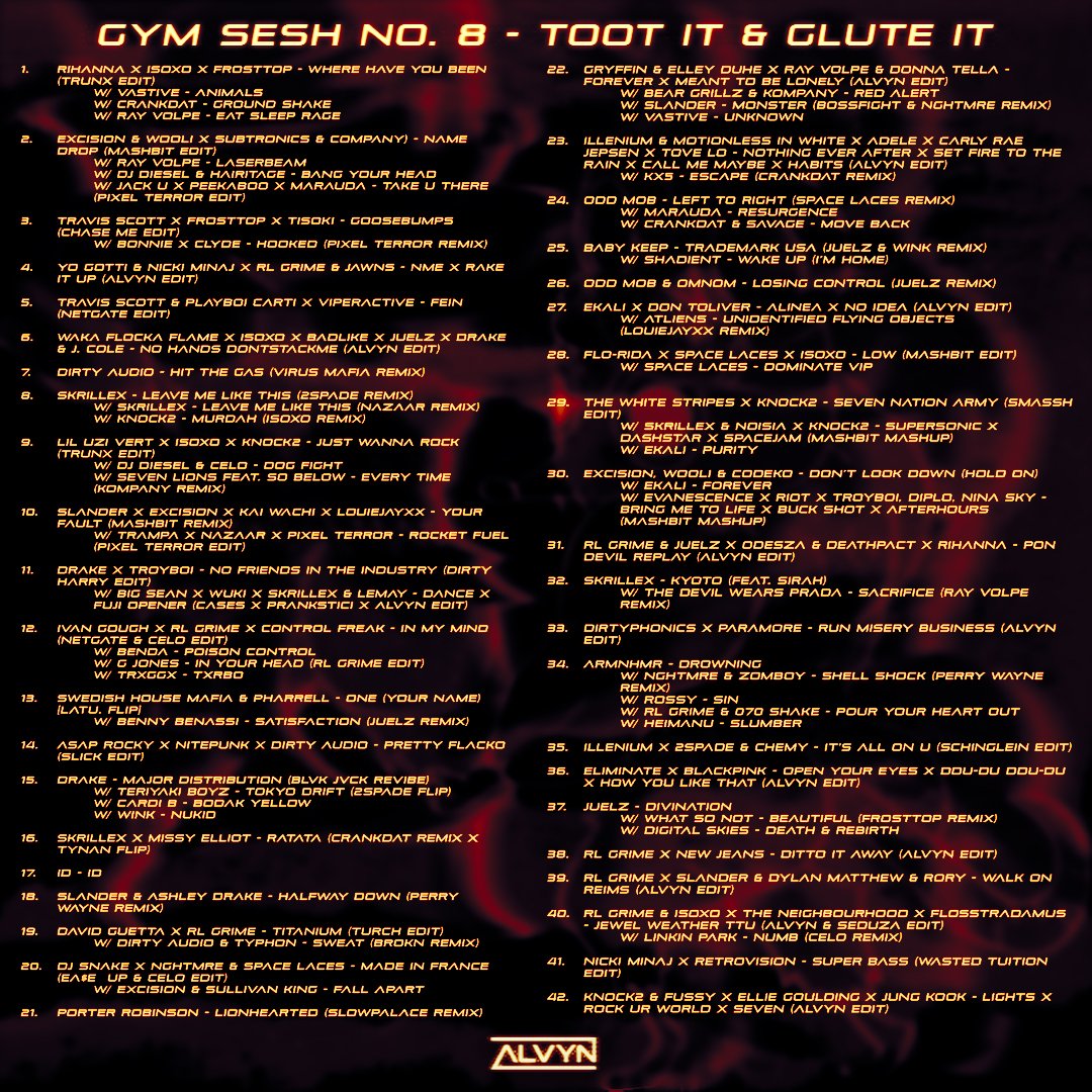 Here’s the tracklist for Gym Sesh: Toot It and Glute It!  Shoutout to the amazing artists/edit makers on here 

<a href="/2spade_/">2Spade</a> 
<a href="/bbjuelz/">JUELZ</a> 
<a href="/Trunxmusic_/">TRUNX</a> 
<a href="/netgatemusic/">Netgate</a> 
<a href="/celomusic_/">CELO</a> 
<a href="/Mashbitmusic/">MashBit</a> 
<a href="/rayvolpe/">ray volpe</a> 

and to <a href="/rheyaravioli/">rheya</a> for immaculately squeezing 100+ songs on this one-pager 😂