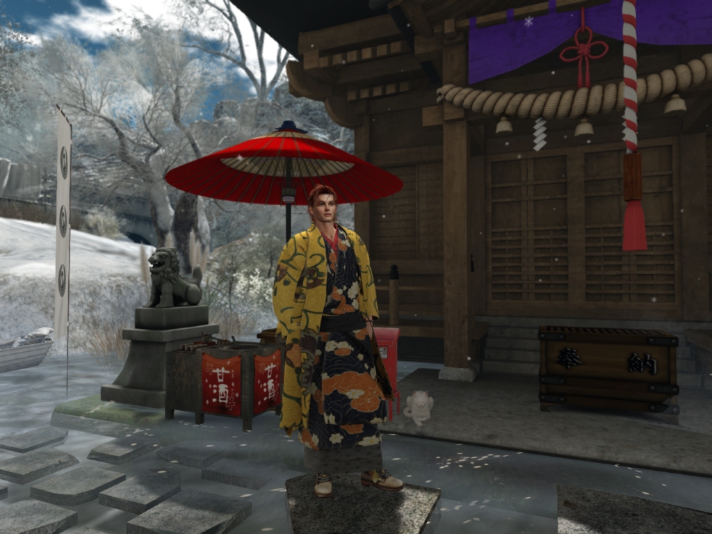 AradoIzu's tweet image. SHIFUKUさんの着物がJake対応頂いたので（ありがとうございます！）新春アウトフィットを作り、早速に参拝＆御朱印集めを開始。まずは昨日訪れたロキさんの奏流神社に改めてお参り。