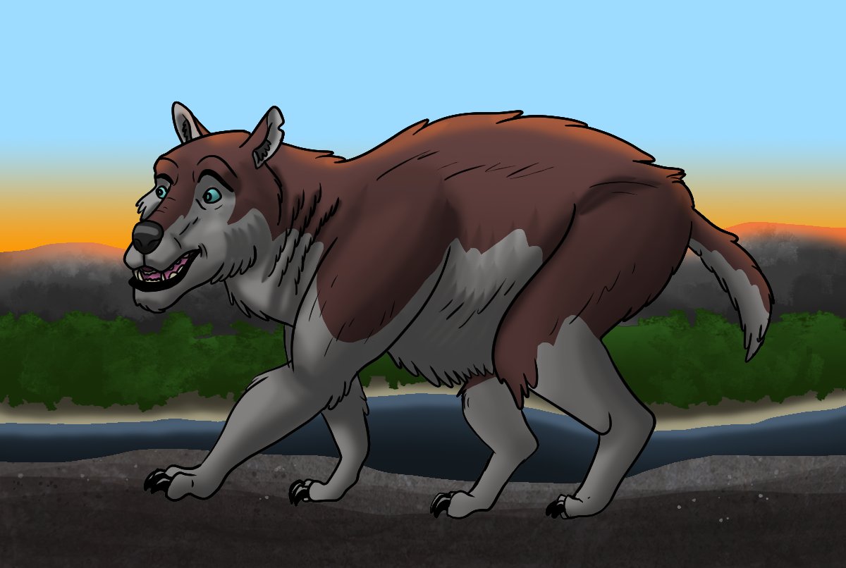 Tomjarobz93's tweet photo. A drawing of a Homicyon I originally did in 2015, but finished in 2023. #drawing #illustration #photoshop #hemicyon #dog #beardog #prehistoric #miocene #mammals #drawing #oldart #sunrise #cartoon #digitalillustration #ancient https://t.co/69cxP9GiIp