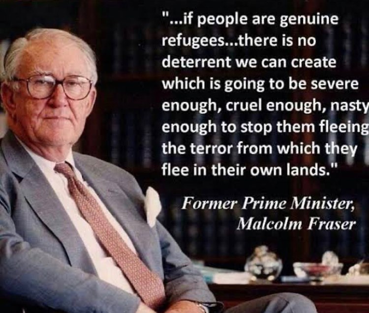 schmidt4sturt's tweet photo. Malcolm  Fraser tells it like it is: refugees flee from where they are because  they have choice. It doesn't matter how uncompassionate we are they will  keep fleeing. I will always stand for refugees and the most vulnerable in society. #Schmidt4Sturt #FairGo4All https://t.co/miLWu7JQYE