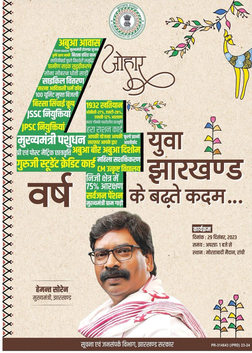 SunnyPalamu's tweet photo. पहली ऐसी सरकार जिसने लोगों की समस्याओं को उनके द्वार तक पहुंच दूर किया है। आम जनता के लिए हमेशा सुलभ रहने वाले और विपक्षियों के हर षड्यंत्र को धराशाई करने वाले लोकप्रिय मुख्यमंत्री श्री @HemantSorenJMM जी को शानदार 4 वर्ष पूर्ण करने की ढेरों बधाई। https://t.co/t3C8zQGhQD