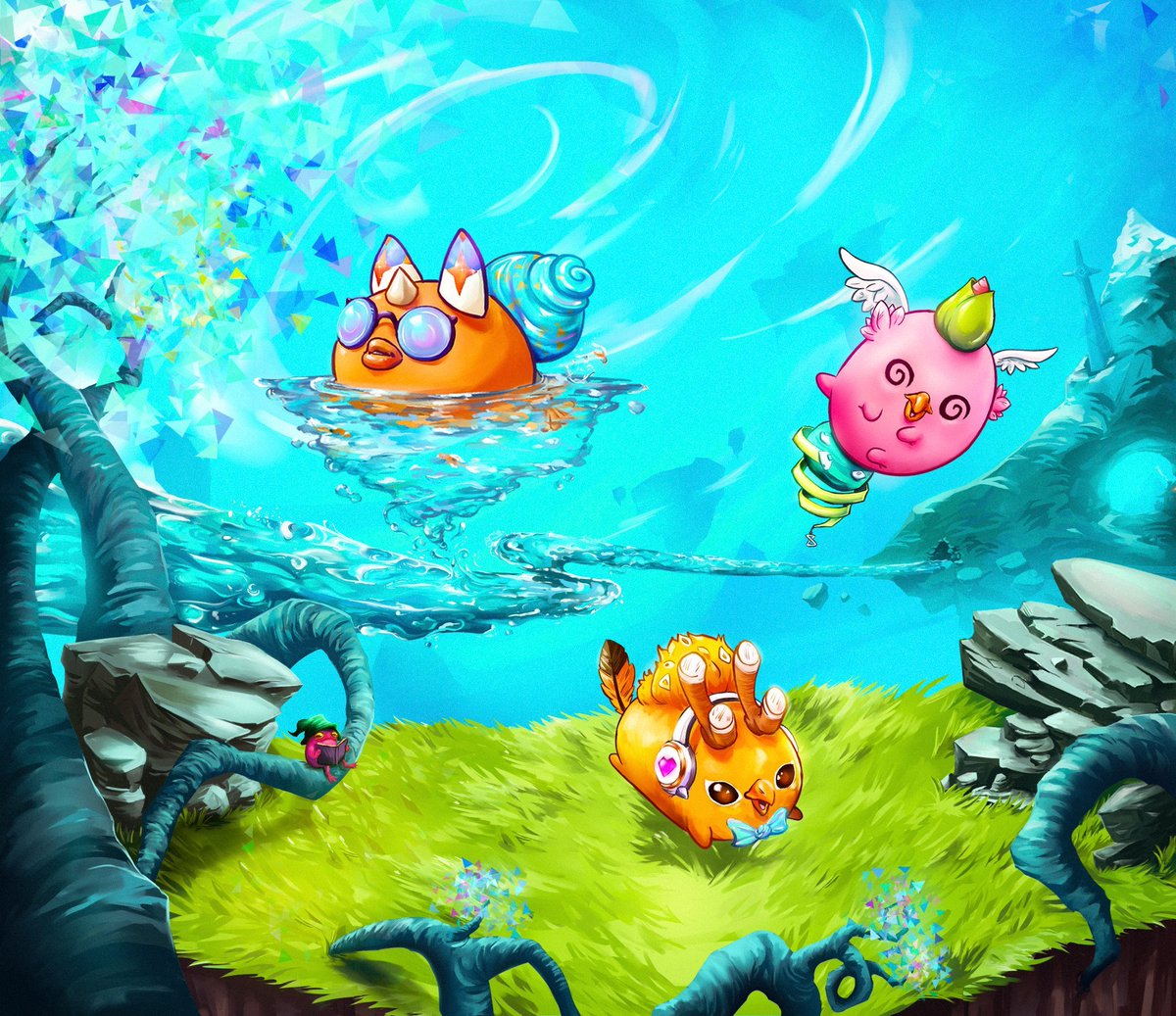 zeedotron's tweet photo. Another banger from @eme_something showcasing my 3 mystic Axies. I appreciate the amount of detail that is put into each @AxieInfinity art piece. This one is a combination of different brushes and techniques 🔥. https://t.co/AzDek5aXLh