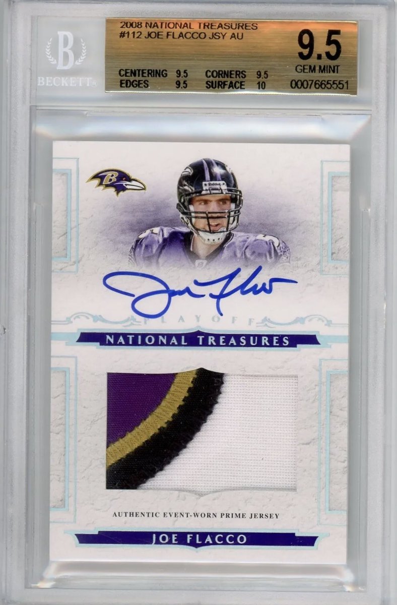 Joe Flacco has been BALLING 😤 and his cards have seen a bit of a resurgence.

This 2008 Rookie RPA /99 From National Treasures just sold THIS MORNING for $800 on eBay.

Does the former Super Bowl MVP make another Championship run with the Browns? 👀