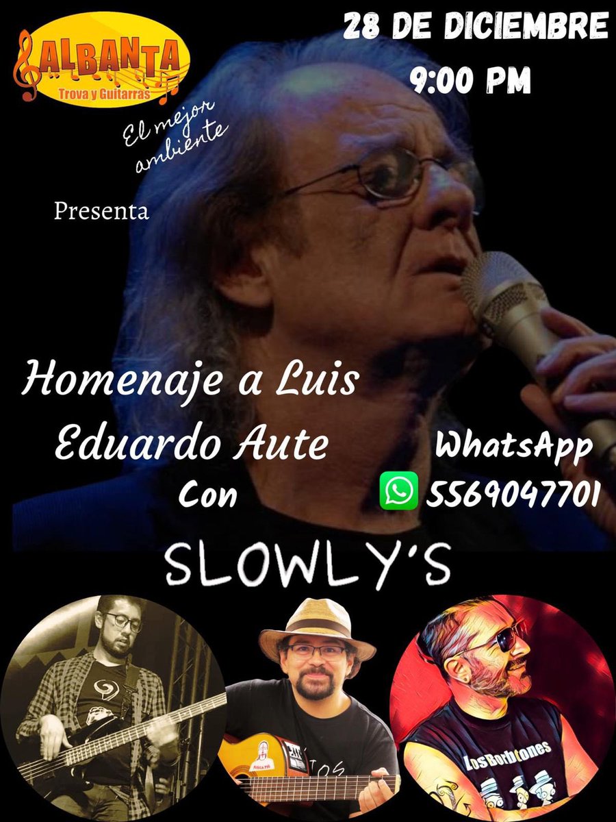 ¡YA ES HOY!

Cerrando el año con broche de oro. 

Homenaje a Luis Eduardo #Aute. 

Más de dos horas de paseo por la emotiva obra de Luis Eduardo Aute con el bello sonido de Los Slowly’s en la interpretación. 

Una noche romántica, bohemia y emotiva que no te puedes perder.