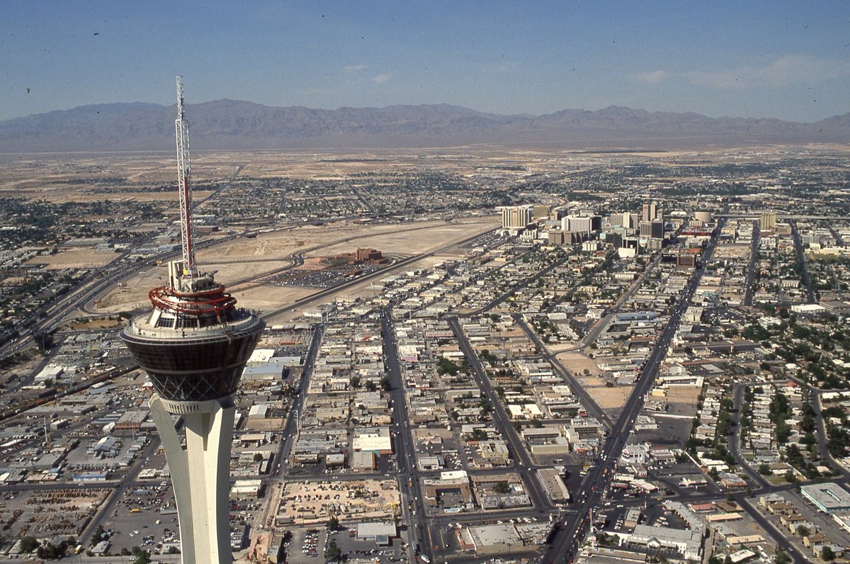 The Stratosphere and Downtown Las Vegas with lots of open land to the north.