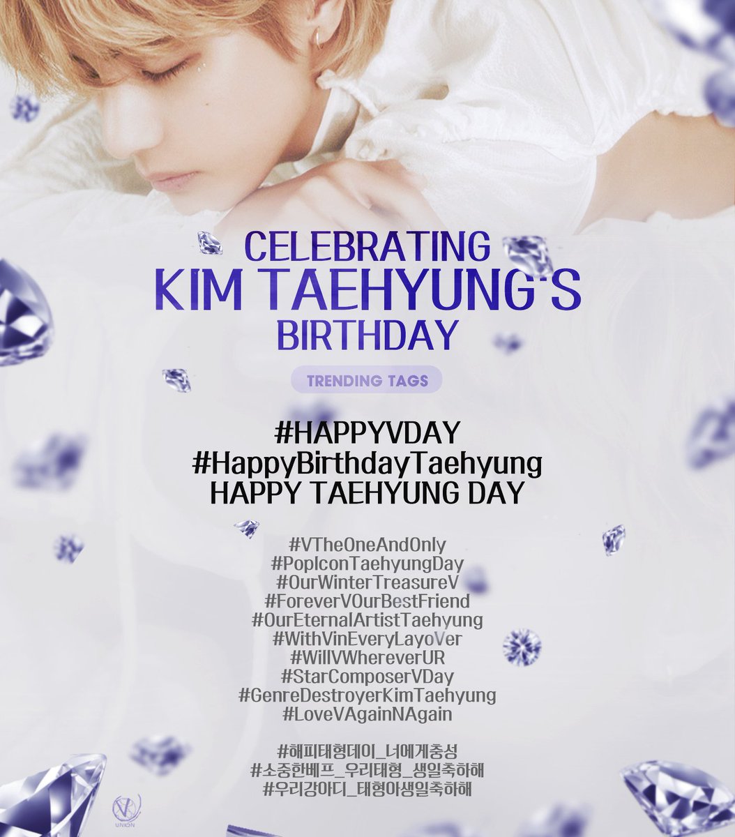 VGlobalUnion's tweet photo. 🎊 Here are Taehyung’s birthday hashtags! Join in celebrating Tae’s special day and his most precious life by spreading loving positivity, heartfelt appreciation, and sweet memories~ 💜
↓ 00:00 KST, December 30th ↓ https://t.co/X1uDHAlicZ