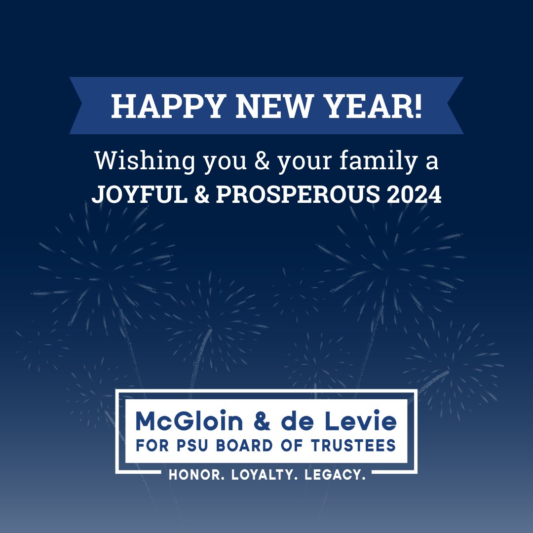 LevieAlvin's tweet photo. Happy New Year!

May the coming year be filled with unity, success, and a shared commitment to the bright future of our beloved institution. WE ARE!

#PSU #McGloindeLevie #AlvindeLevie #MattMcGloin #PennState #WeAre #Vote #PennStateAlumni #PennStateUniversity #PSUBoardOfTrustees https://t.co/AdXGqQcea9