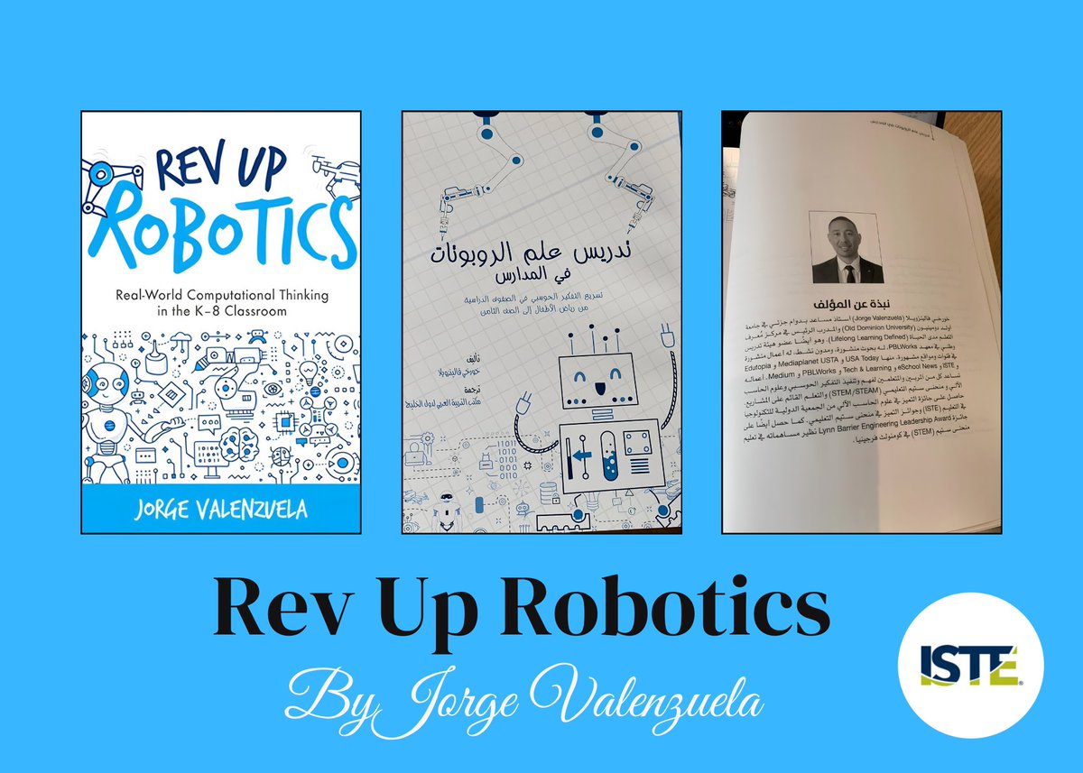 JorgeDoesPBL's tweet photo. 🎉 I am excited to announce that my first book, #RevUpRobotics, has been translated into Arabic for distribution in the Gulf countries. 📚
Thank you for this amazing collaboration—ISTE, Valerie Wittie, Imam Abdulrahman Bin Faisal University, and Khaled Alshehri for the countless hours translating this work! 🙌🏼✨
I want my work to go worldwide! 🌍
#JorgeDoesPBL #ISTE #ASCD #Arabic #Books #CS4All #robotics 🤖 @Kalshehri