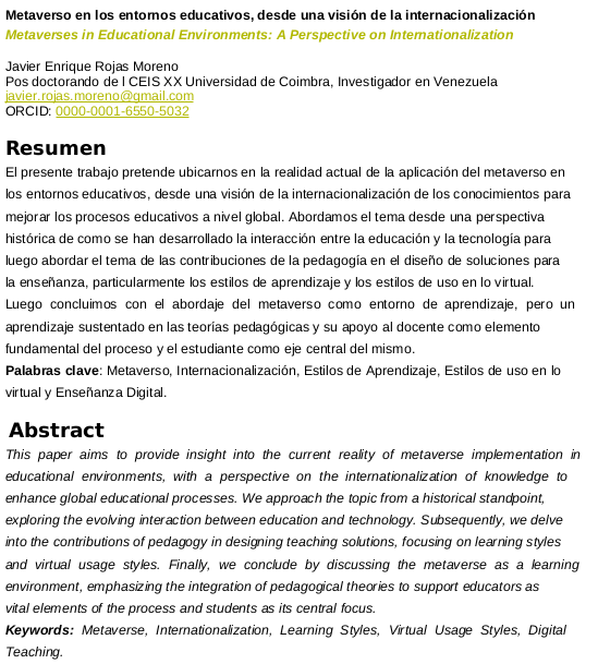 Mi Capitulo del Libro “Pedagogical Styles of Internationalization in the Digital World: From Literacy to Higher Education”, llamado: "Metaverso en los entornos educativos, desde una visión de la internacionalización". Acá dejo el link del libro:  repositorioaberto.uab.pt/handle/10400.2…