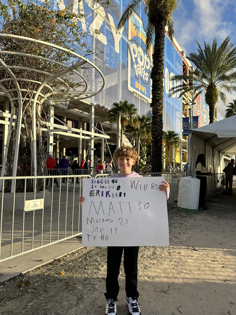 Stacymb1's tweet photo. They wouldn’t let us bring the sign in, but he’s ready to cheer for his buddies! 💜 #KStateFB @ErikXP15 , @MattMasch30, @jadon_jackson1, @80wman, @JoeLHall33, @FriesenJace, @WillSwanson11, @joehall310 https://t.co/vKH4rCtLff