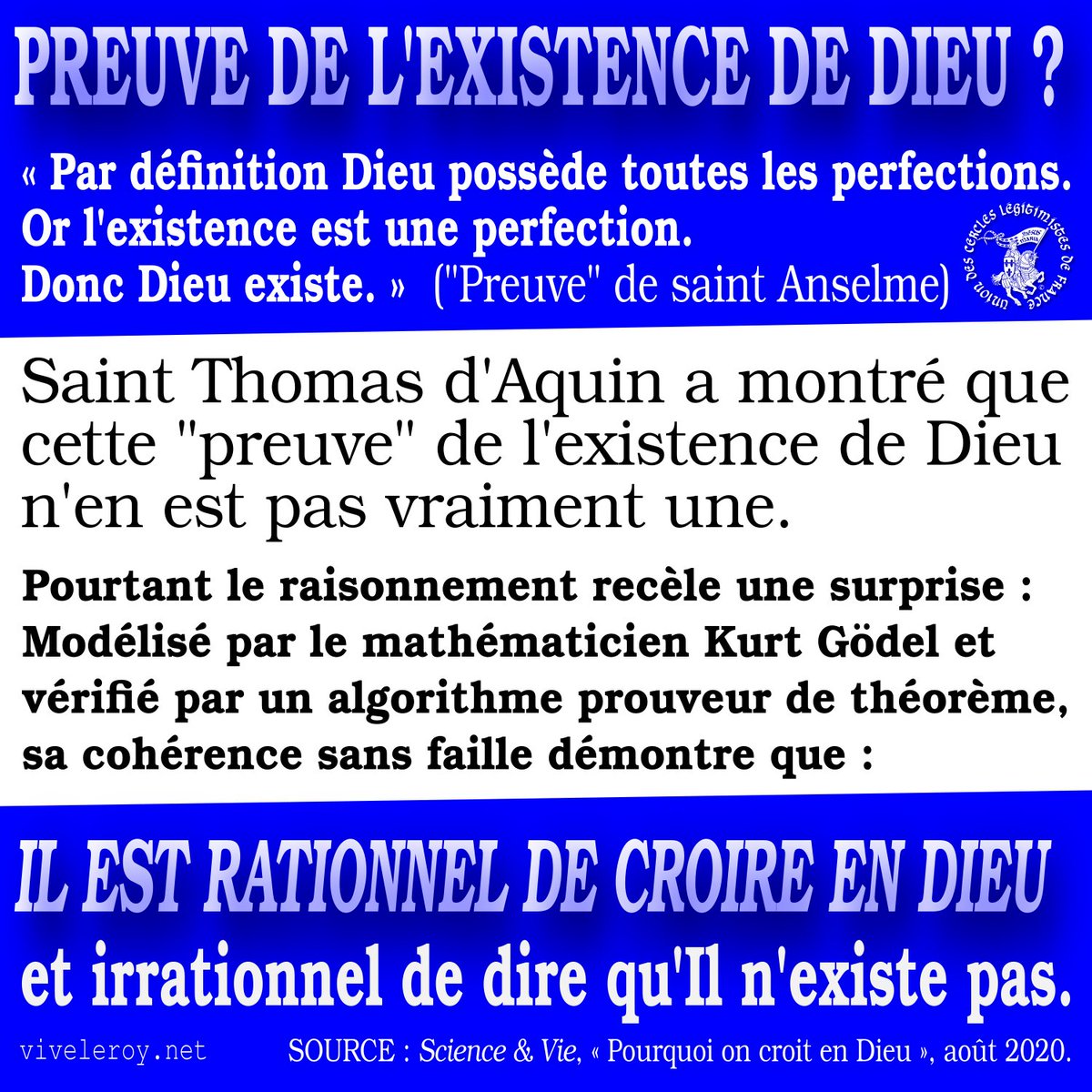 ViveleroySite's tweet photo. Depuis 2020, il est démontré que l'#athéisme est irrationnel à partir du vieux raisonnement :
« Par définition #Dieu a toutes les perfections.
Or l'existence est une perfection.
Donc #Dieuexiste. »
https://t.co/uMxgajDUJ8
#catholique #existencededieu #athée #agnostique https://t.co/1W1u52gfQ7