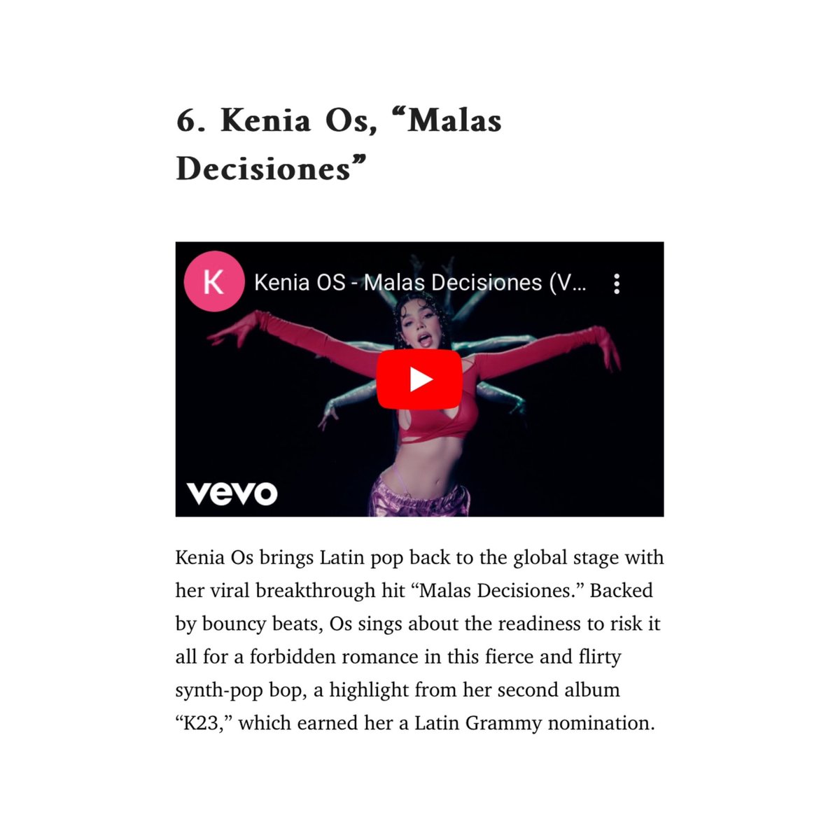 .<a href="/Latina/">Latina Magazine</a> Magazine nombra a “Malas Decisiones” de <a href="/KeniaOS/">NINI</a> como la 6ta mejor canción del 2023 por una artista latina.