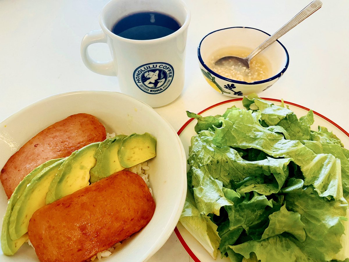 ken_nobuyoshi's tweet photo. お昼ご飯は簡単にスパム＆アボガド丼。
自家製の塩麹ドレッシングが美味しすぎてサラダがススムくんです😋 https://t.co/2ZXAIiLnks