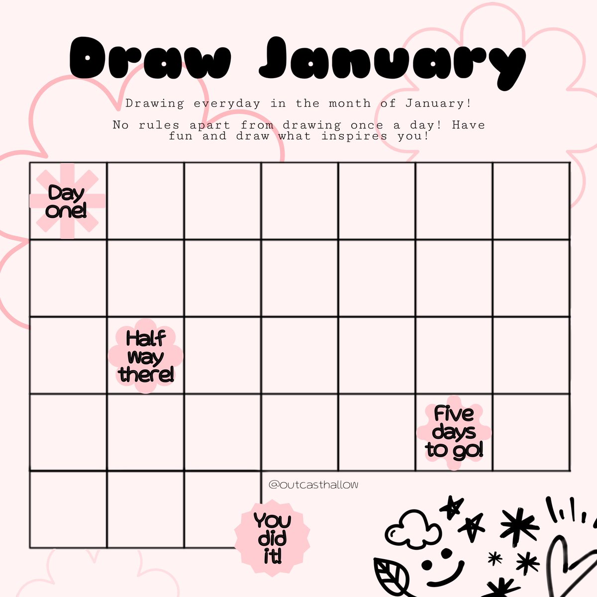 outcasthallow's tweet photo. #drawjanuary #drawanuary gonna be kicking of my New Yearโs resolution with a draw tracker for the month of Jan! Join along if you like - hereโs the template!
#art #arttwt #drawing #NewYearsResolution https://t.co/PmzRA6DHHy