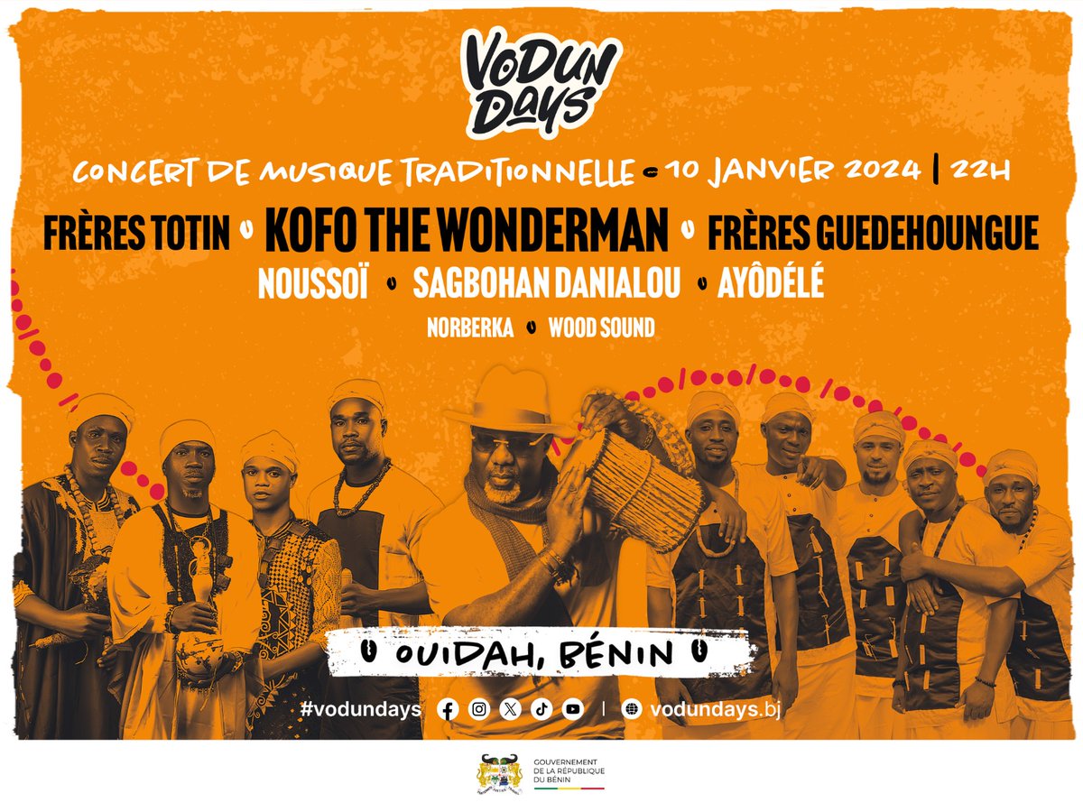 📣 Les #VodunDays c’est aussi un concert le 10 janvier ! 🎶 Pour clôturer en beauté les célébrations, nous aurons droit à un concert de musique traditionnelle avec des artistes incontournables !🤩 Apprêtez-vous à vivre un moment inoubliable 🔥 Restez connectés pour la suite ⏳