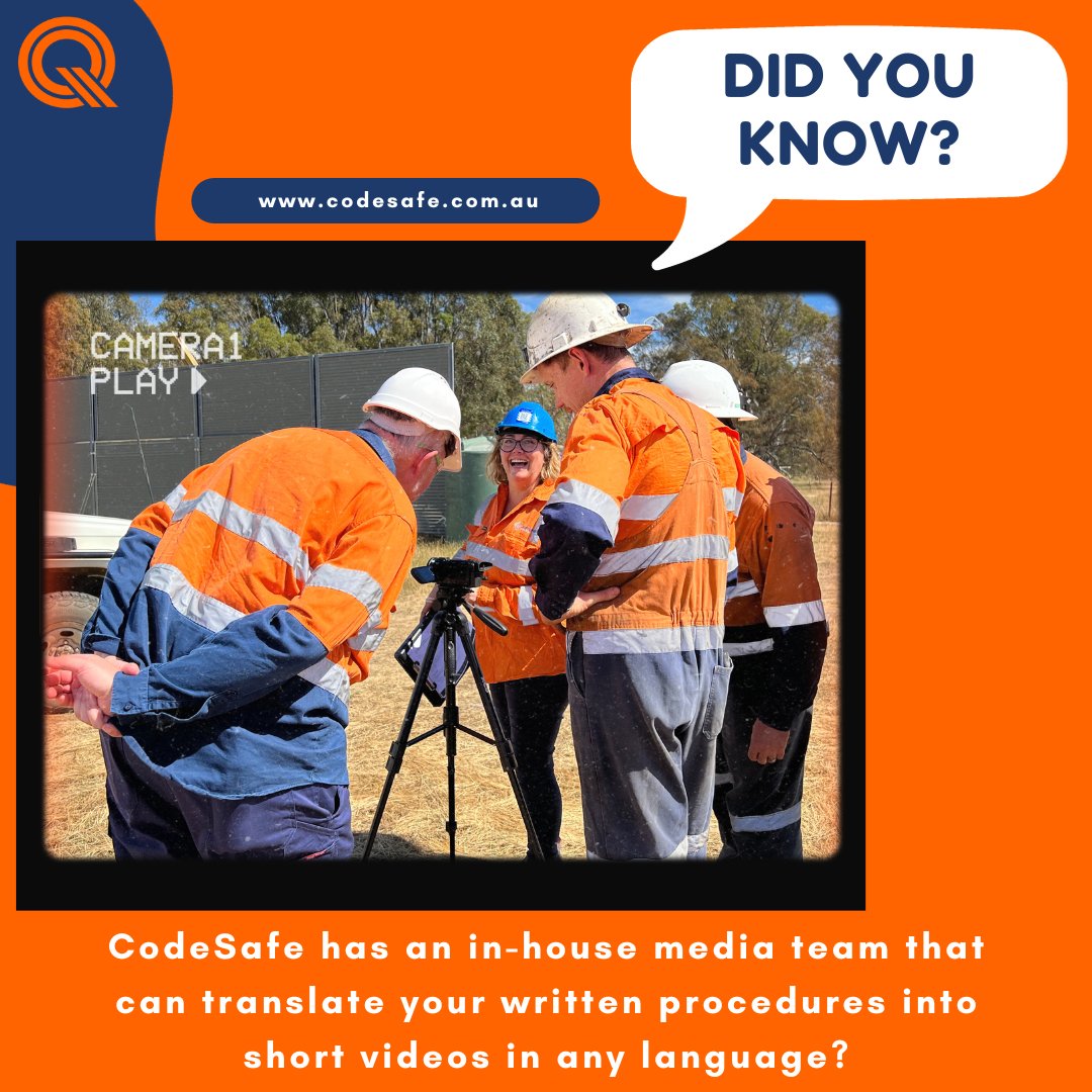 CodeSafe_Media's tweet photo. Did you know that CodeSafe has an in-house media team that can translate your written procedures into short videos in any language? Contact us to chat about how we can help you do this for your business 1300 475 557 or enquiries@codesafe.com.au https://t.co/lVVhvQdC1D