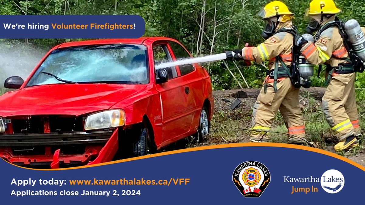 Applications are now open for the @KLFireRescue spring 2024 volunteer firefighter recruitment class. Join the team and help your community by applying today! Application closes Jan. 2, 2024. Details: kawarthalakes.ca/en/news/volunt…