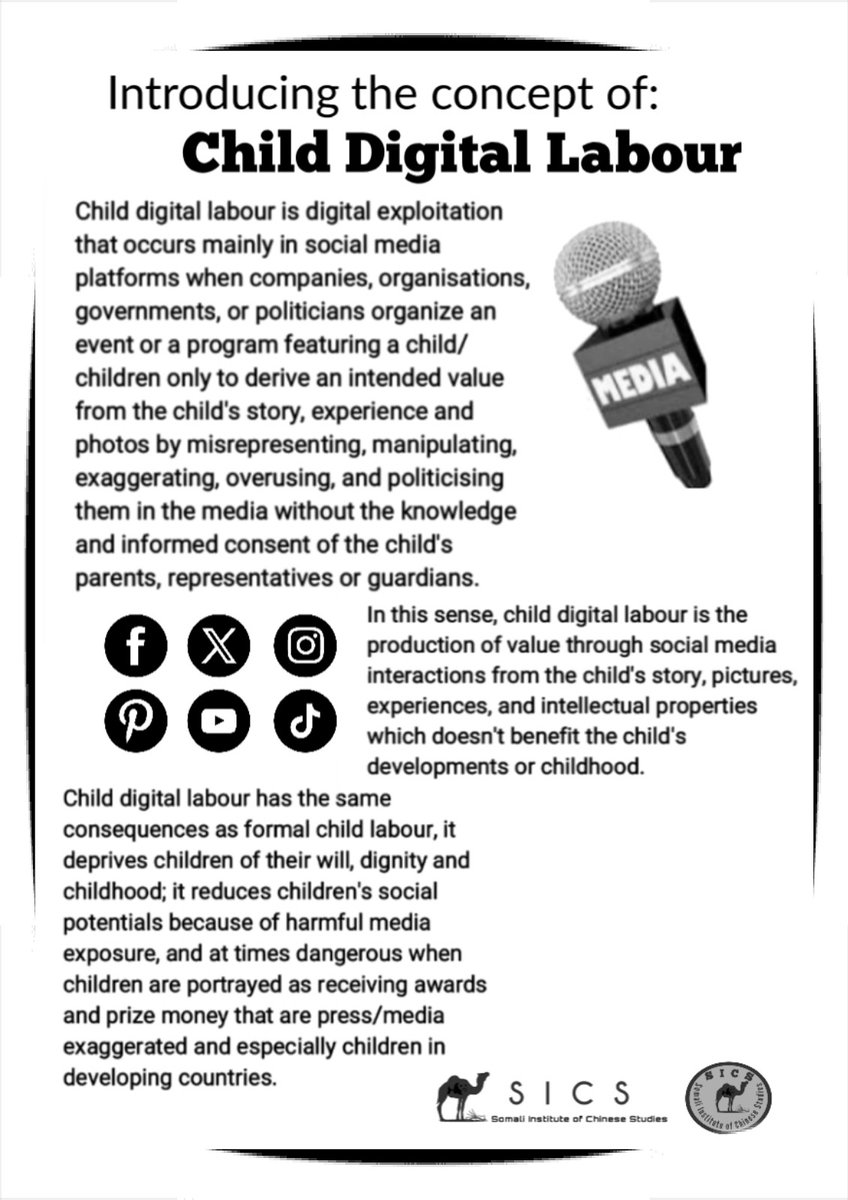 1/ 🧵 Introducing the concept of: Child Digital Labour

Child digital labour is digital exploitation that occurs mainly in social media platforms when companies, organisations, governments, or politicians organize an event or a program featuring child.... #Somalia #Childlabour