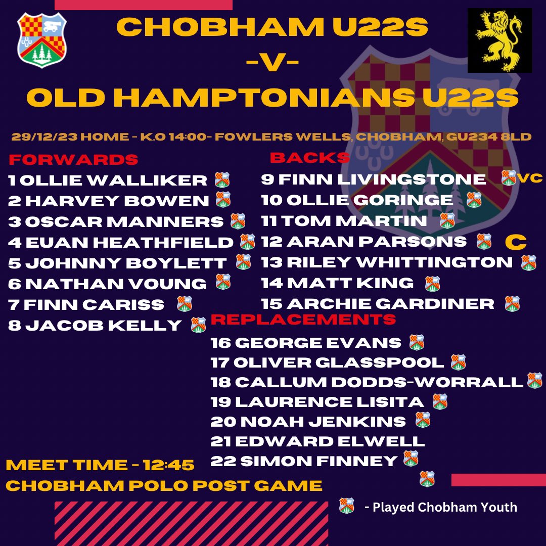 chobhamrugby's tweet photo. Chobham Senior Fixtures

🏉 - Chobham U22s -v- Old Hamptonians RFC U22s
🏆 - Surrey Smith-Shenton Cup
📆 - 29/12/23
🕝 - 14:00
🗺 - GU24 8DL

#oneclub
#gomightychobham

Big thanks to our senior team SPONSORS https://t.co/lH82Nqwozn