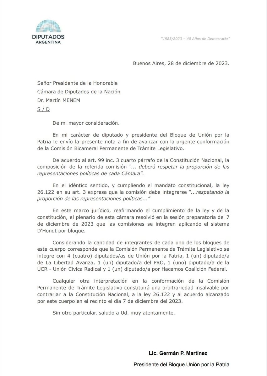 Requerimos la urgente conformación de la Comisión Bicameral para dar tratamiento al DNU 70/2023, tal como establece la Constitución Nacional, la ley N°26.122 y las resoluciones del cuerpo en la Sesión Preparatoria.

Presentamos el pedido formal al Presidente de <a href="/DiputadosAR/">Diputados Argentina</a>. ⬇️