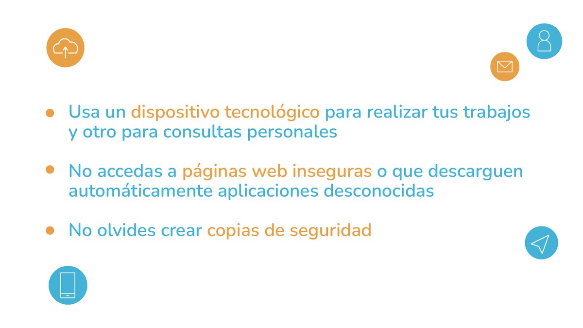 TeletrabajoCo's tweet photo. Para disminuir el riesgo de ciberataques, muchas empresas entregan a sus empleados dispositivos corporativos controlados por el departamento informático. 

Si realizas tus labores con herramientas propias, conoce 3⃣ tips para teletrabajar protegido: https://t.co/PEPUQynhWd https://t.co/Zt8QxW8d2o