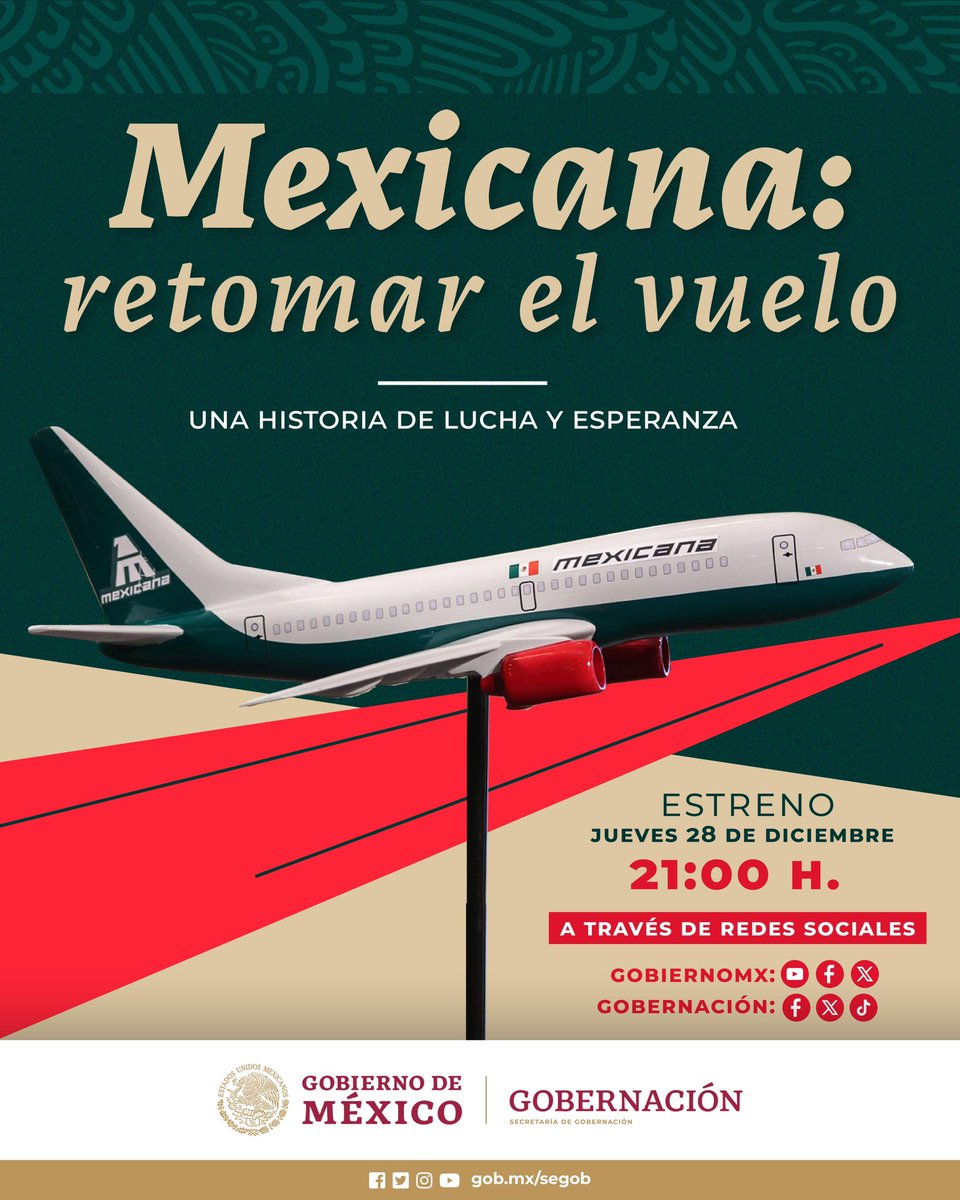 LaydaSansores's tweet image. A través de las redes sociales del @GobiernoMX y @SEGOB_mx se estará transmitiendo, a partir de las 21:00 hrs., el documental Mexicana: retomar el vuelo. Una historia de lucha y esperanza.

Los invito a verlo!