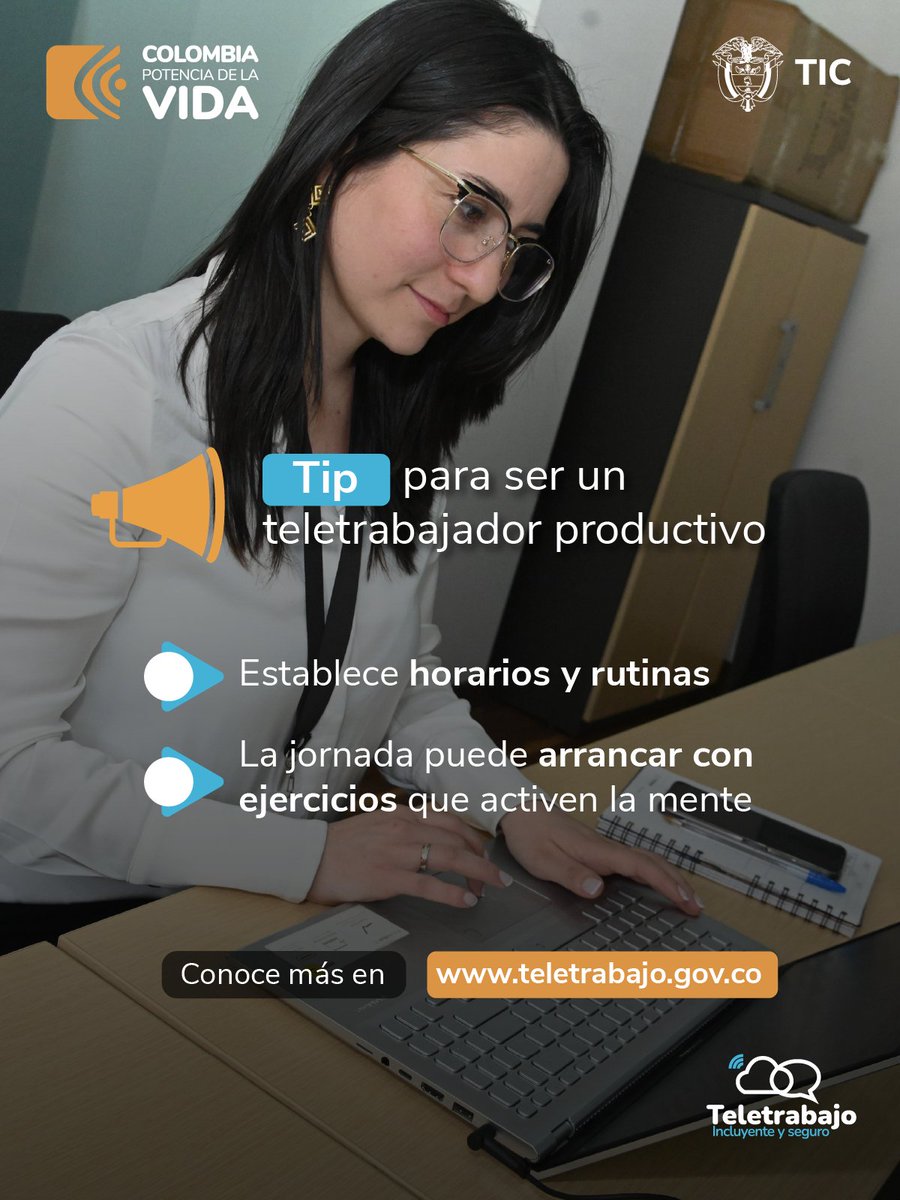 🧑🏽‍💻El trabajo desde casa puede volverse caótico si no se define un horario laboral que se adapte a las funciones a cargo.

⤵️Aplica este tip y conviértete en un teletrabajador que evita distracciones y no cae en la procrastinación.

teletrabajo.gov.co