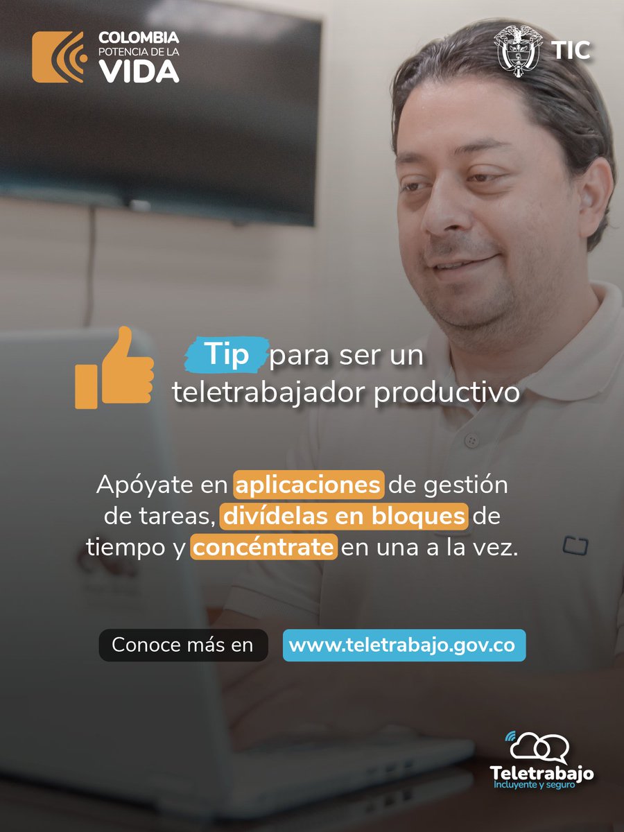 ¡La planificación es clave para la productividad! Antes de comenzar la jornada laboral, establece metas y prioridades para avanzar y salir de pendientes rápidamente.

⤵️ Conoce aquí una excelente técnica para mejorar tu concentración en el teletrabajo.

teletrabajo.gov.co