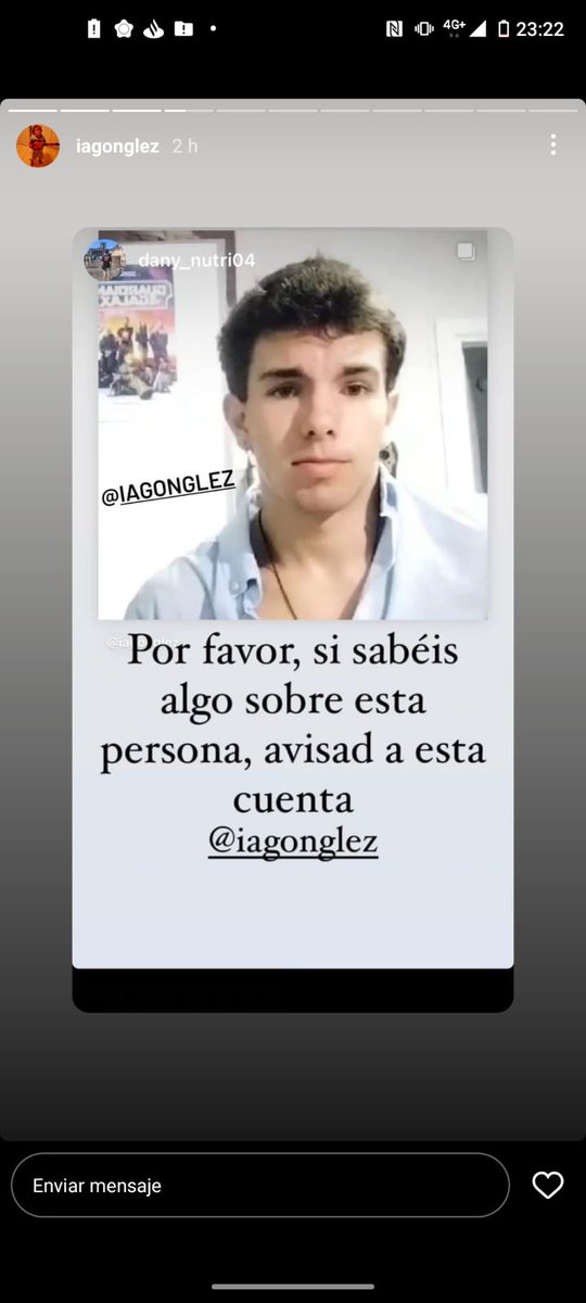 Por favor, difundirlo en vuestros grupos, es Yago, el hijo de Mer y David de proyecto. Esta  desaparecido y sus padres nos piden difusión. El Instagram lo está revisando su padre