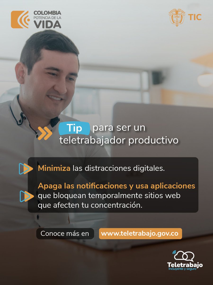 🤳🏽Las redes sociales, las notificaciones de correo y las apps móviles suelen ser distractores que conllevan a la postergación de labores y la extensión del horario laboral.

⤵️ Sigue este tip y conviértete en un teletrabajador productivo.

Conoce más en teletrabajo.gov.co